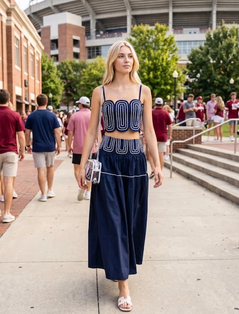 Navy Lace Trimmed Skirt Set