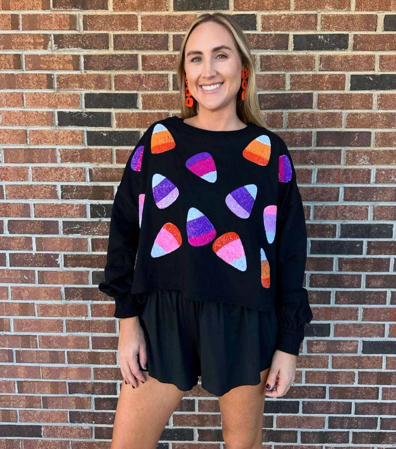 Sequin patch candy corn cropped pullover