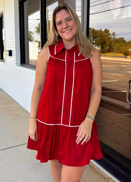 Crimson Collared Shirt Dress