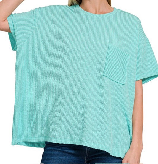 Ribbed Pocket Tee-Mint (CURVY)