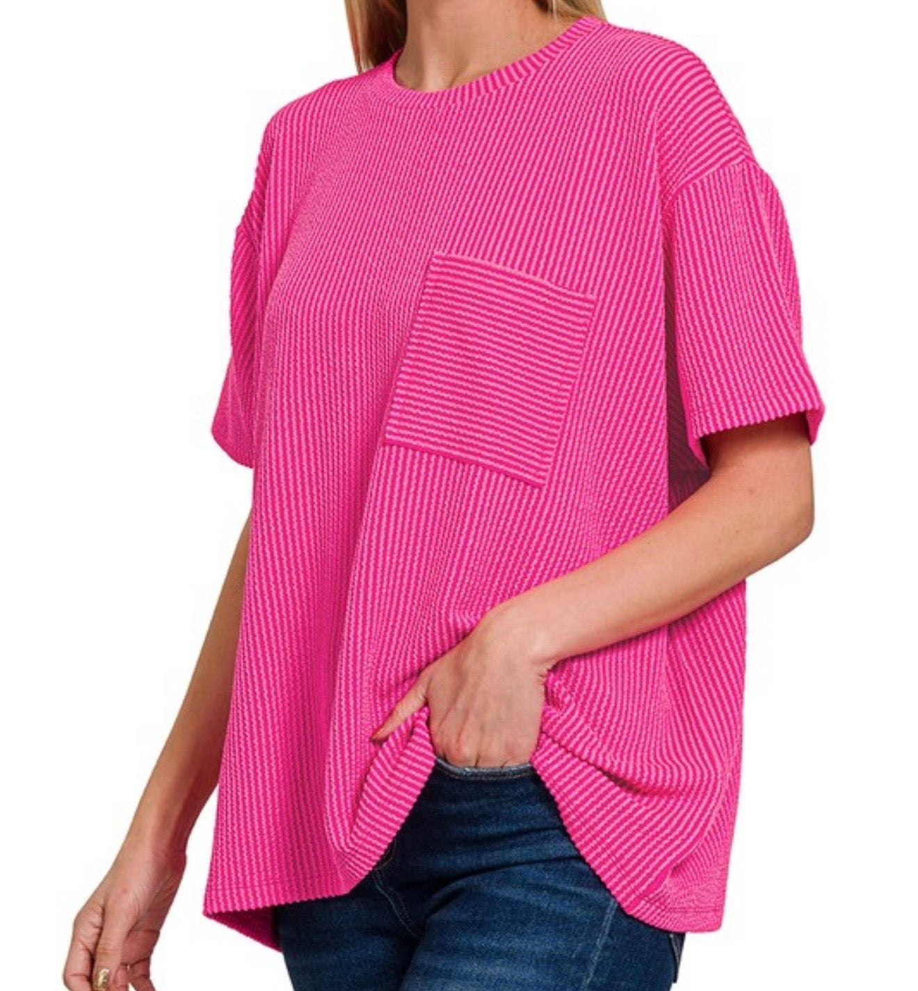 Ribbed Pocket Tee-Hot Pink