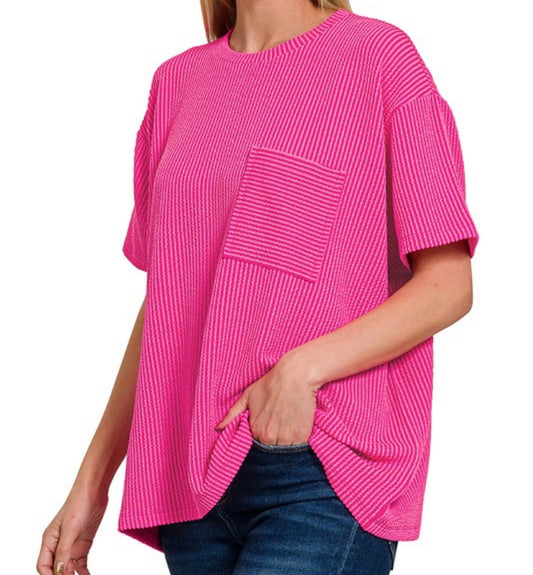 Ribbed Pocket Tee-Hot Pink
