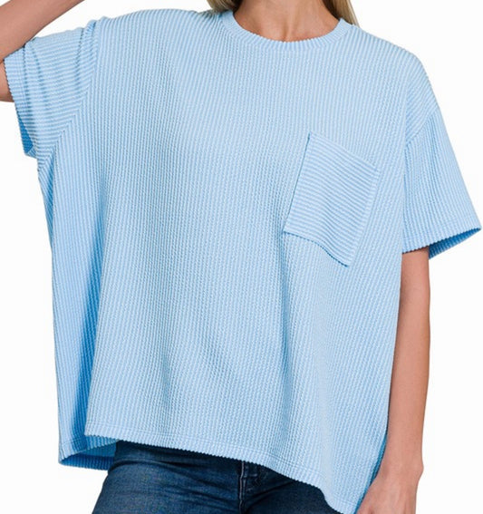 Ribbed Pocket Tee-Spring Blue