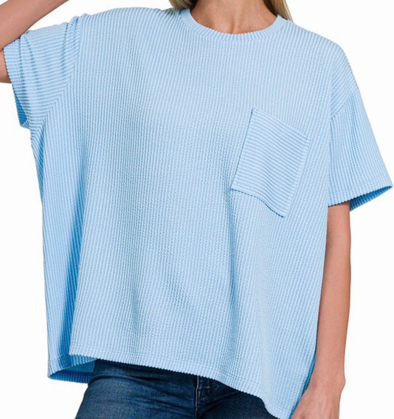 Ribbed pocket Tee-Spring Blue (CURVY)