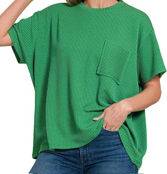 Ribbed Pocket Tee-Kelly Green