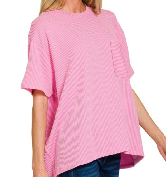 Ribbed Pocket Tee-Pink