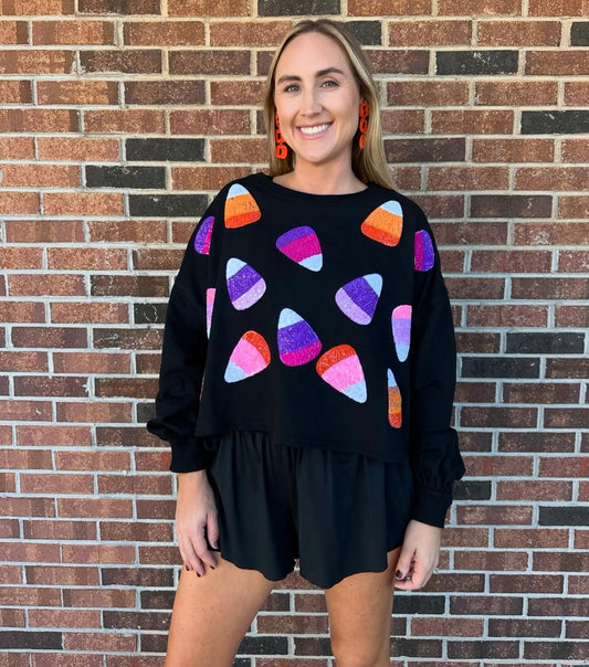 Sequin patch candy corn cropped pullover